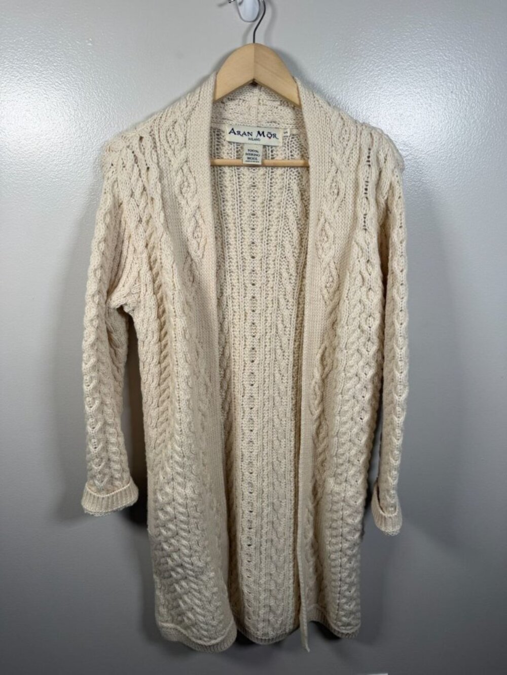 Aran Mor Merino Wool Cardigan Sweater Size Small Open Front Cable Knit Ivory